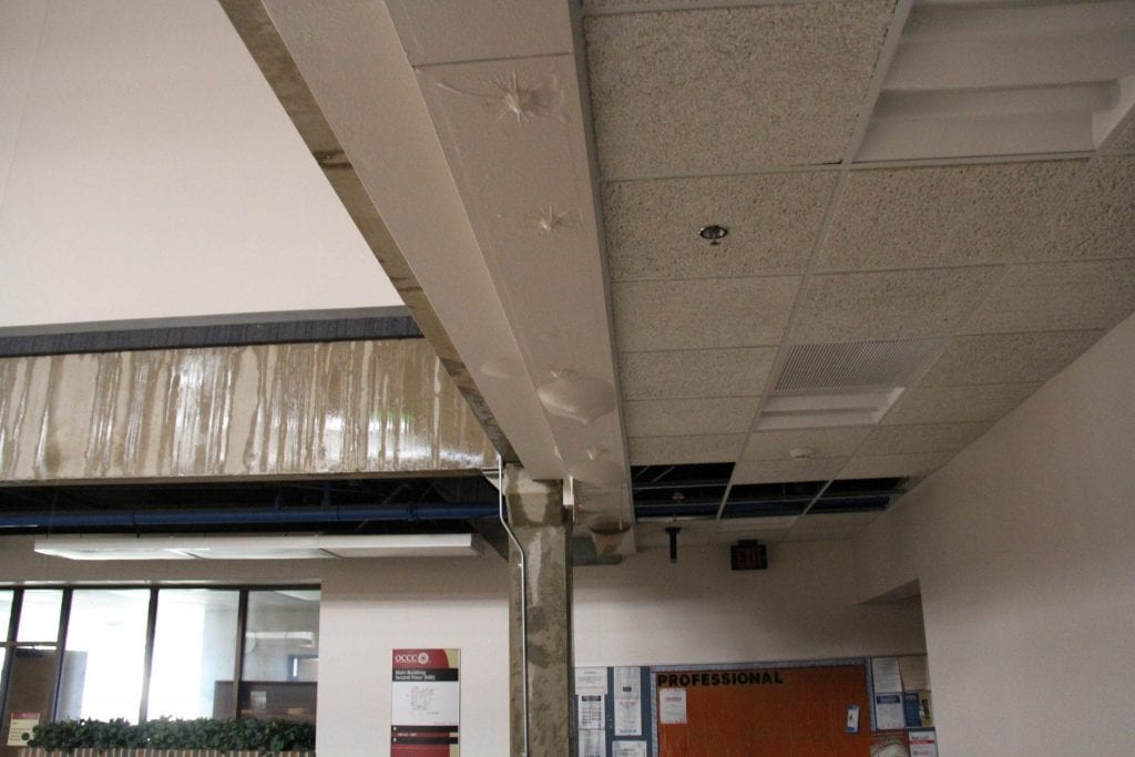 Storm damage in a ceiling at OCCC