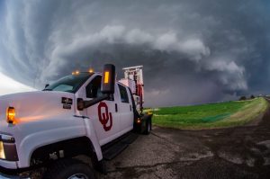 OU radar research truck in front of an Oklahoma storm